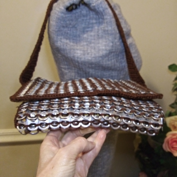 Boho One-Of-A-Kind Handmade Silver Soda Tab Trimmed Brown Crocheted Shoulder Bag - Picture 3 of 12
